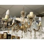 A cut glass five branch chandelier. (Dimensions: Height 42cm.)(Height 42cm.)