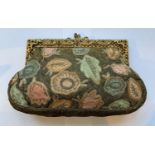 Appliqué and embroidered evening clutch purse with ornate, jewel set gilt frame, decorated with