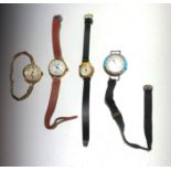 A ladies gold cased wrist watch on expanding bracelet and 3 other ladies wrist watches.