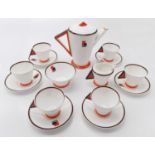 A Shelley Art Deco period 'Red Block' pattern coffee service, comprising coffee pot, milk jug, sugar