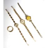 Three ladies 9ct gold cased wristwatches two of which have a gold bracelet and a 9ct gold band. (