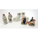Two pairs of Victorian Staffordshire flatback figures, a pair of Victorian Staffordshire spaniels