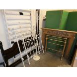 A fire surround together with a clothes airer, coat stand, single bedstead, white painted metal