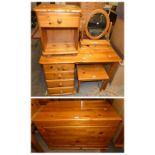 A stained pine dressing table, stool, mirror, blanket box, bedside table (5)