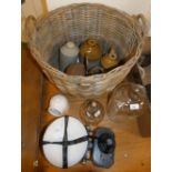 Stoneware flagons, set of scales and weights, large wicker basket etc