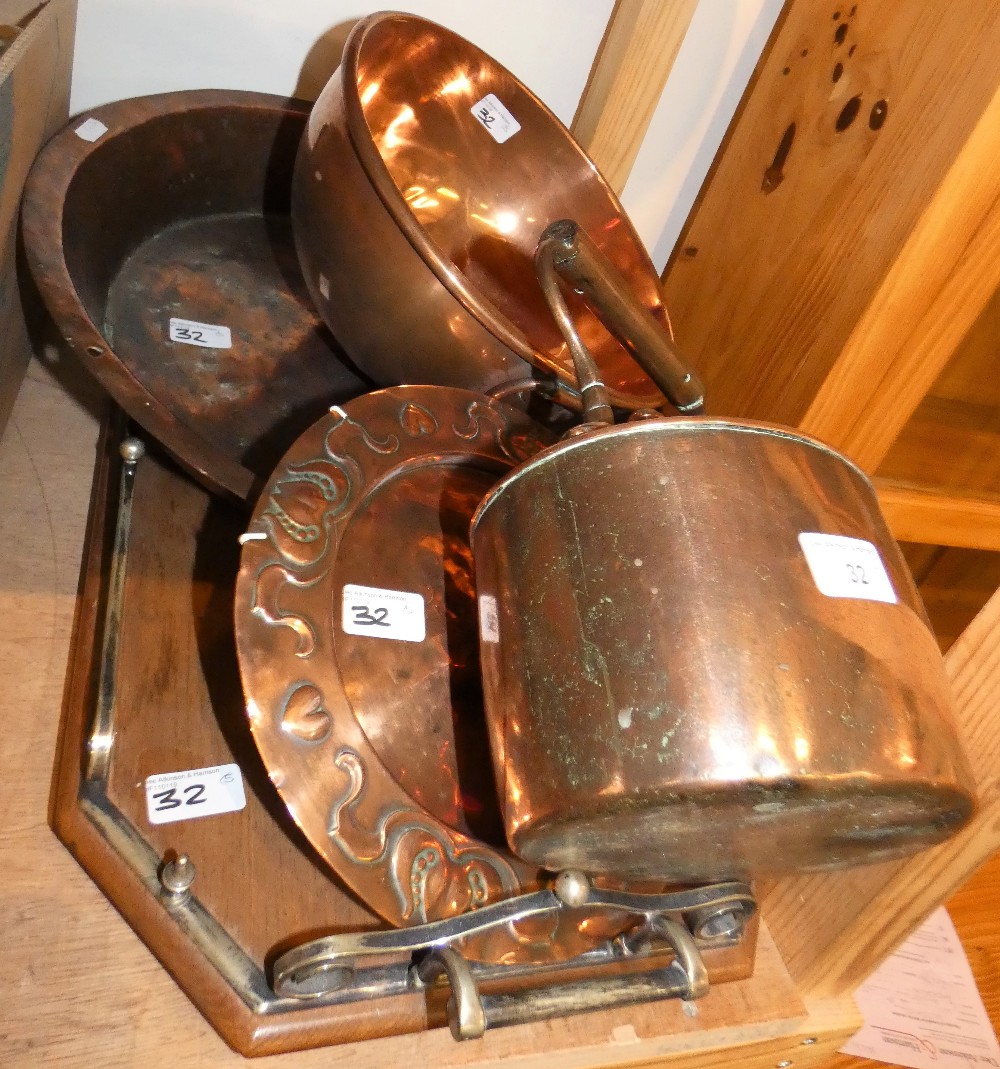 Various copperware including tea pot, bowl, plate, Edwardian wooden tray with brass fittings (5)