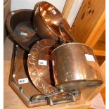 Various copperware including tea pot, bowl, plate, Edwardian wooden tray with brass fittings (5)