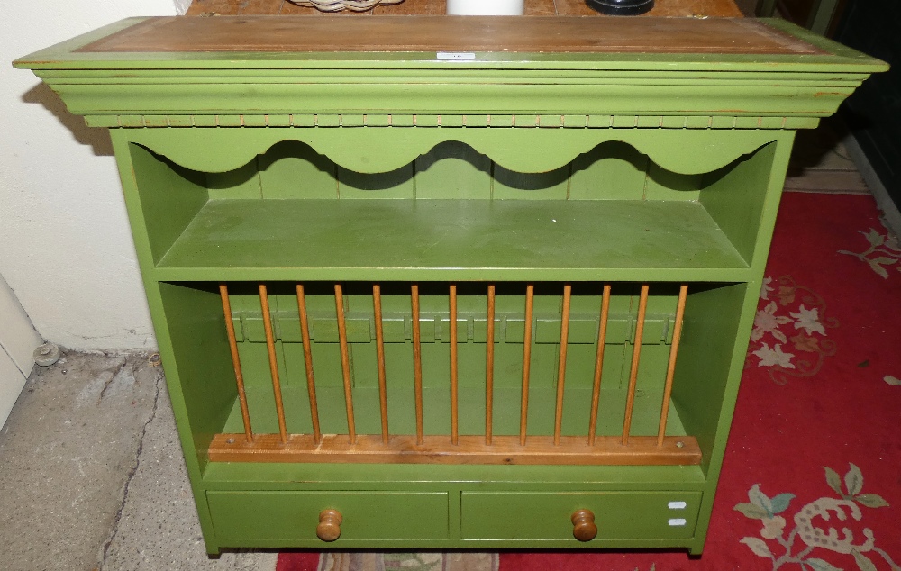 A painted pine kitchen plate rack incorporating two drawers and a shelf, 87cm long, 90cm high and