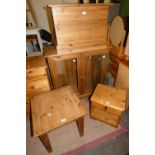A pine glazed cabinet, blanket box, occasional table, bedside table (4)