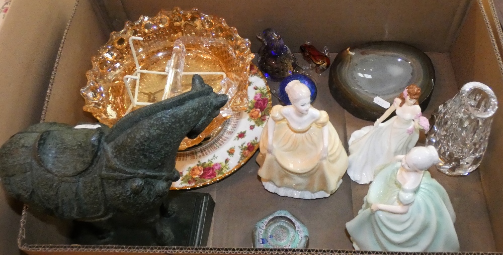 Coalport figurines, Royal Worcester figurine 'The Bride', miscellaneous glassware, old country roses