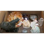 Coalport figurines, Royal Worcester figurine 'The Bride', miscellaneous glassware, old country roses