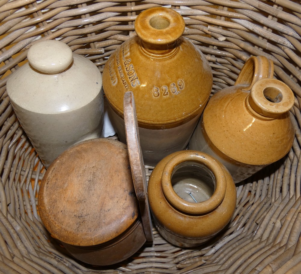 Stoneware flagons, set of scales and weights, large wicker basket etc - Image 2 of 2