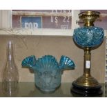 A Victorian style table oil lamp, brass column, moulded blue glass reservoir, duplex burner, blue