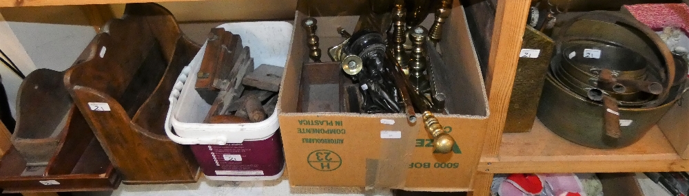 Brass candlesticks, vases, fire irons, spelter figurines, vintage planes, jam pans, brass saucepans,