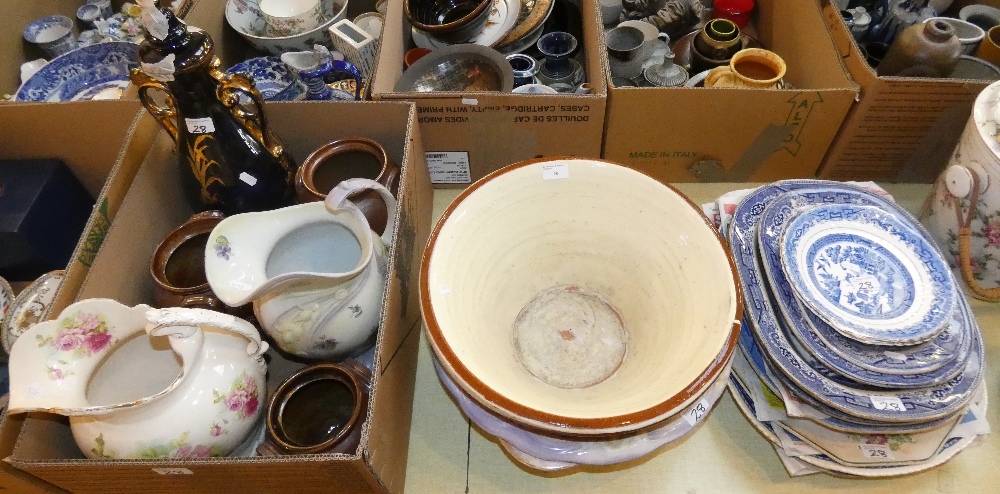 A stoneware panchion, Edwardian wash bowls, willow pattern meat plates, jug and bowl set, etc.