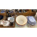 A stoneware panchion, Edwardian wash bowls, willow pattern meat plates, jug and bowl set, etc.