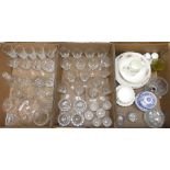 A set of Laura Ashley champagne flutes together with crystal drinking glasses, Minton ceramics
