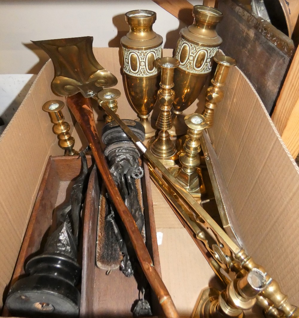 Brass candlesticks, vases, fire irons, spelter figurines, vintage planes, jam pans, brass saucepans, - Image 2 of 2