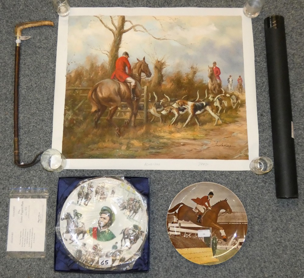 A bone handled riding crop, unframed hunting print, boxed Coalport collector plate depicting