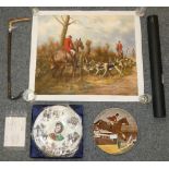 A bone handled riding crop, unframed hunting print, boxed Coalport collector plate depicting