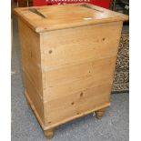 A stripped pine flour bin, 78 cm tall x 54 cm wide x 44 cm deep