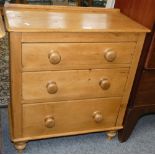 A pine three drawer chest, 74 cm x 68 cm