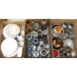 A collection of semi glazed stoneware, jugs, vases, lidded pots, etc., together with part dinnerware