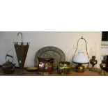 A selection of brass and copper ware including kettle, coal scuttle, oil lamps, warming pan, etc. (