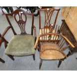 A mahogany armchair together with an oak dining chair, Windsor chair for spares or restoration (3)