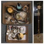 A solid brass telescopic standard lamp, electroplated candelabra, brass jam pan, plated tea/coffee