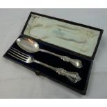 A Victorian silver Albert pattern christening spoon and fork, London 1866, case, weight 2.5 oz.