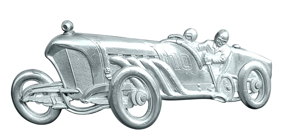 A cast alloy 3D image of a 1930's race car, mounted on a wood plaque, car 41 cm.