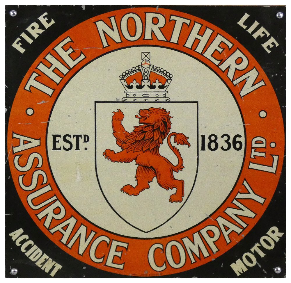 A single sided enamel and tin advertising sign, for the Northern Assurance Company, 46 cm square.