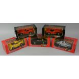 Bburago, 1:18 scale die cast Dodge Viper, 1:24 scale AC Cobra, Bugatti EB and Corvette, all boxed (