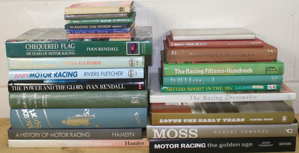 Twenty four motoring books related to racing, including "Stirling Moss" by Edwards and "Lotus, the