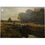 An unframed oil of man operating a canal lock, unsigned