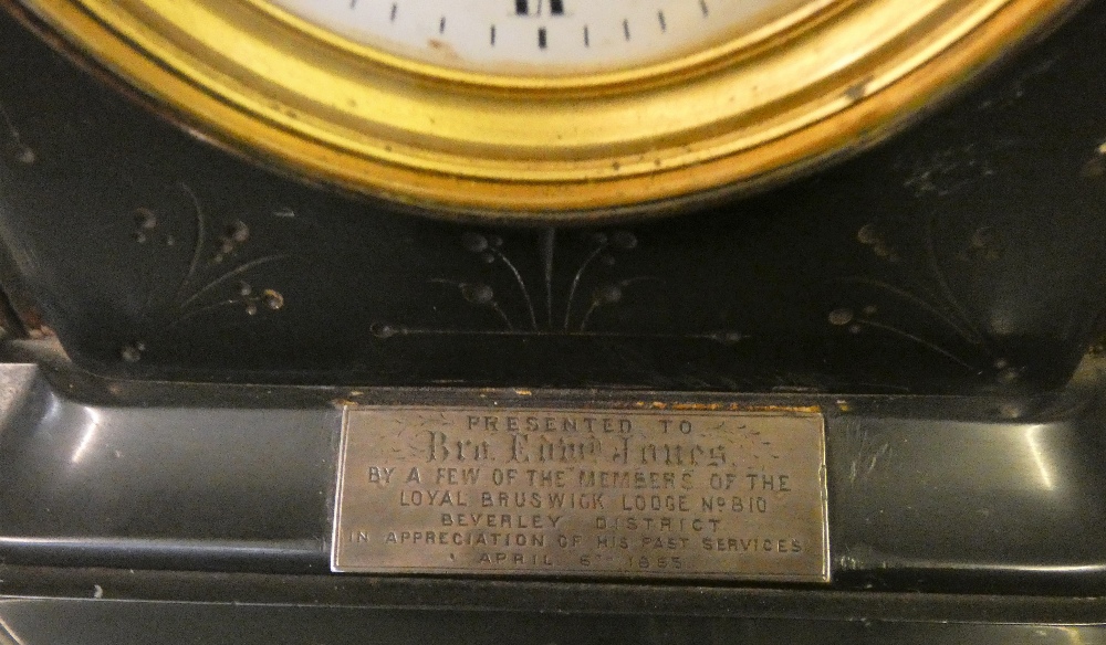 A slate and marble mantle clock, the face marked 'Pexton of Beverley', with presentation plaque from - Image 2 of 2