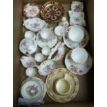 A box of Nano Royal Crown Derby, cups and saucers, together with Royal Doulton mannequins