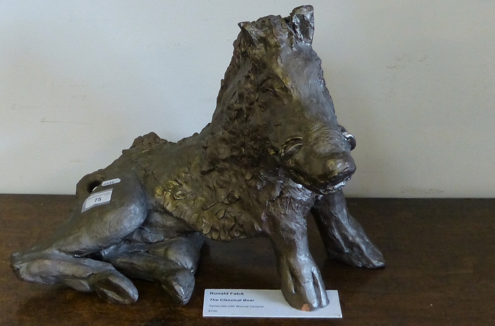 A Ronald Falck painted terracotta with bronzed lacquer named 'The Classical Boar', 37 cm tall x 48