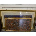 An Egyptian picture on parchment in large gilt frame, 177 cm x 103 cm together with a fabric collage