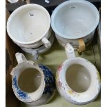 A box of blue and white pottery, four chamber pots and two water jugs (7)
