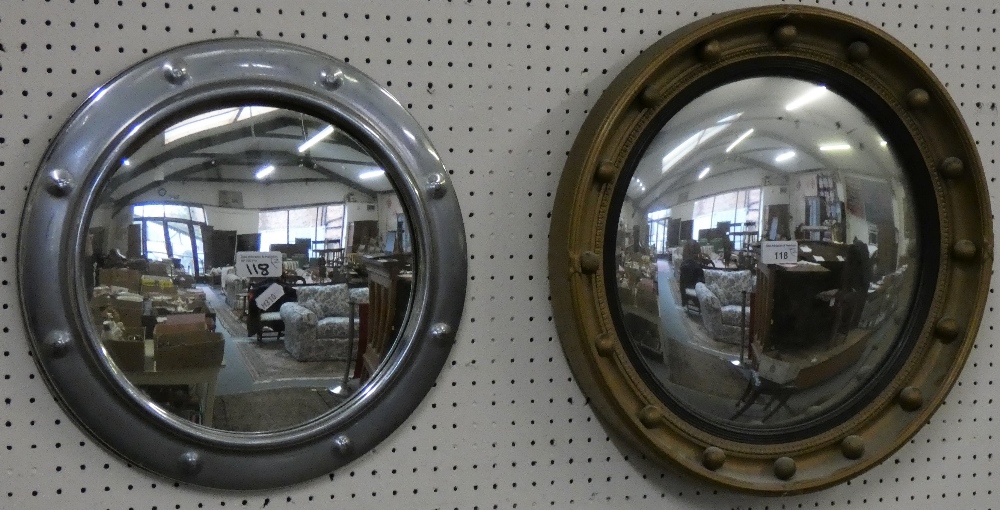 A circular convex mirror in gilt frame together with chrome framed convex mirror (2)