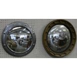 A circular convex mirror in gilt frame together with chrome framed convex mirror (2)