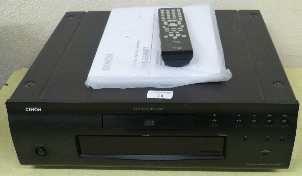 A Denon blue ray disc/DVD video player, model number DVD-2500BT