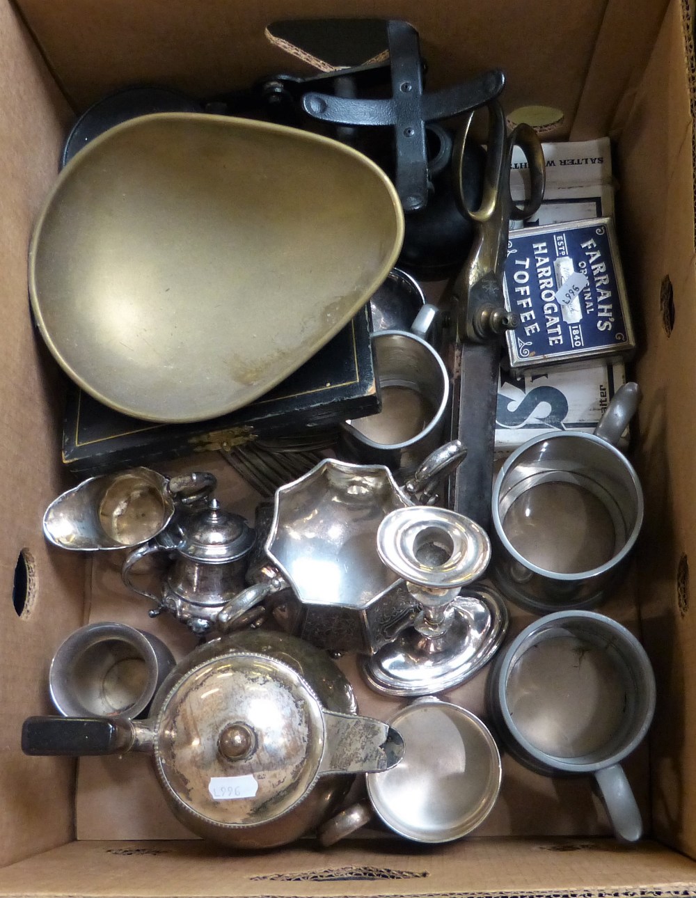 A box of plate and pewter ware including a pair of scales, a large pair of scissors, a cased set