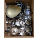 A box of plate and pewter ware including a pair of scales, a large pair of scissors, a cased set