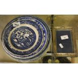 Nine blue and white plates together with silver photo frame
