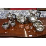 A four piece electroplate tea service, three other plated items and a pair of glass salts