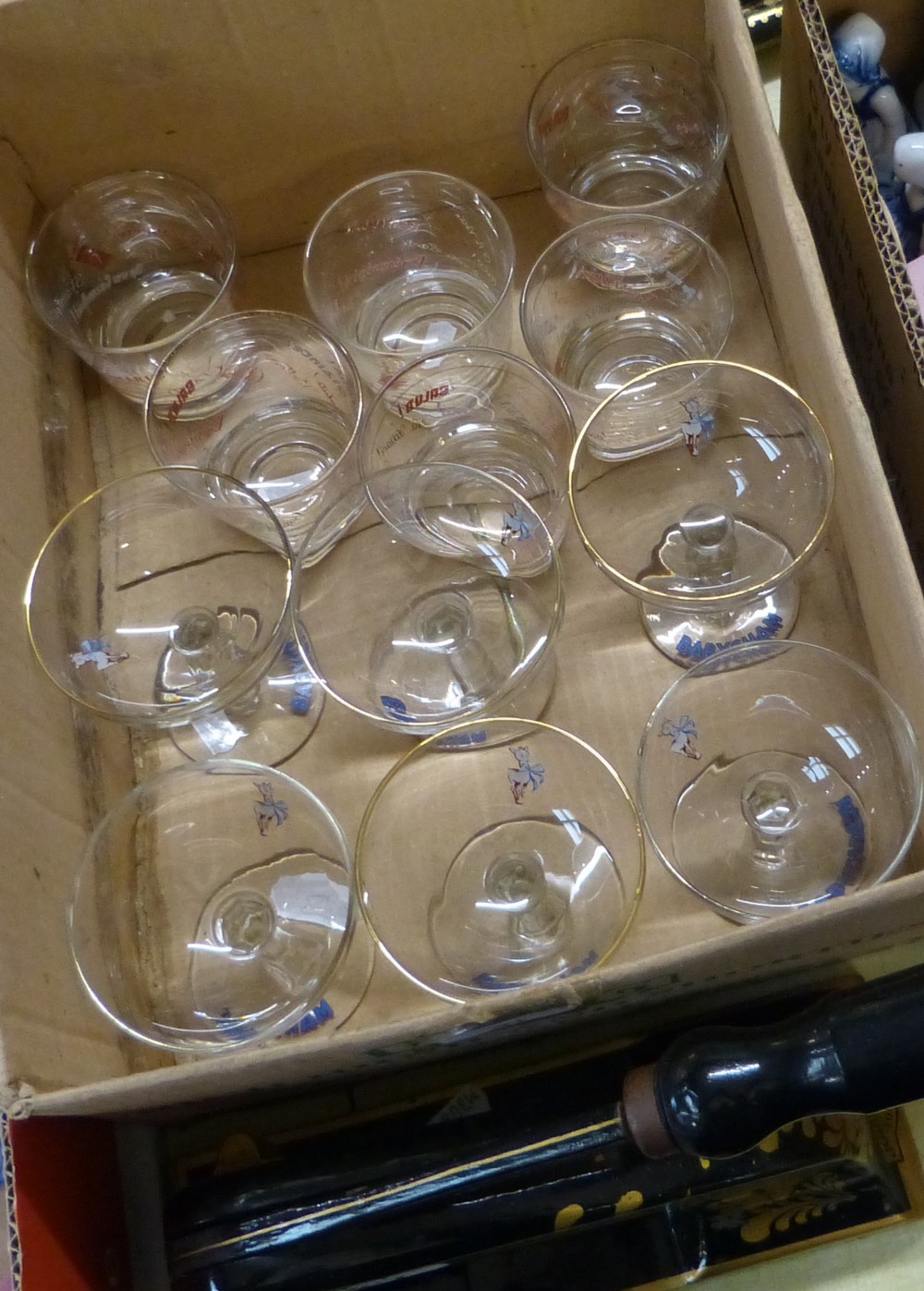 A set of six Babycham glasses, a set of six tumblers and a desk seal