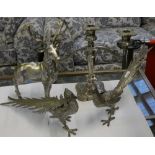 An electroplated three branch candelabra together with two white metal pheasants and a white metal